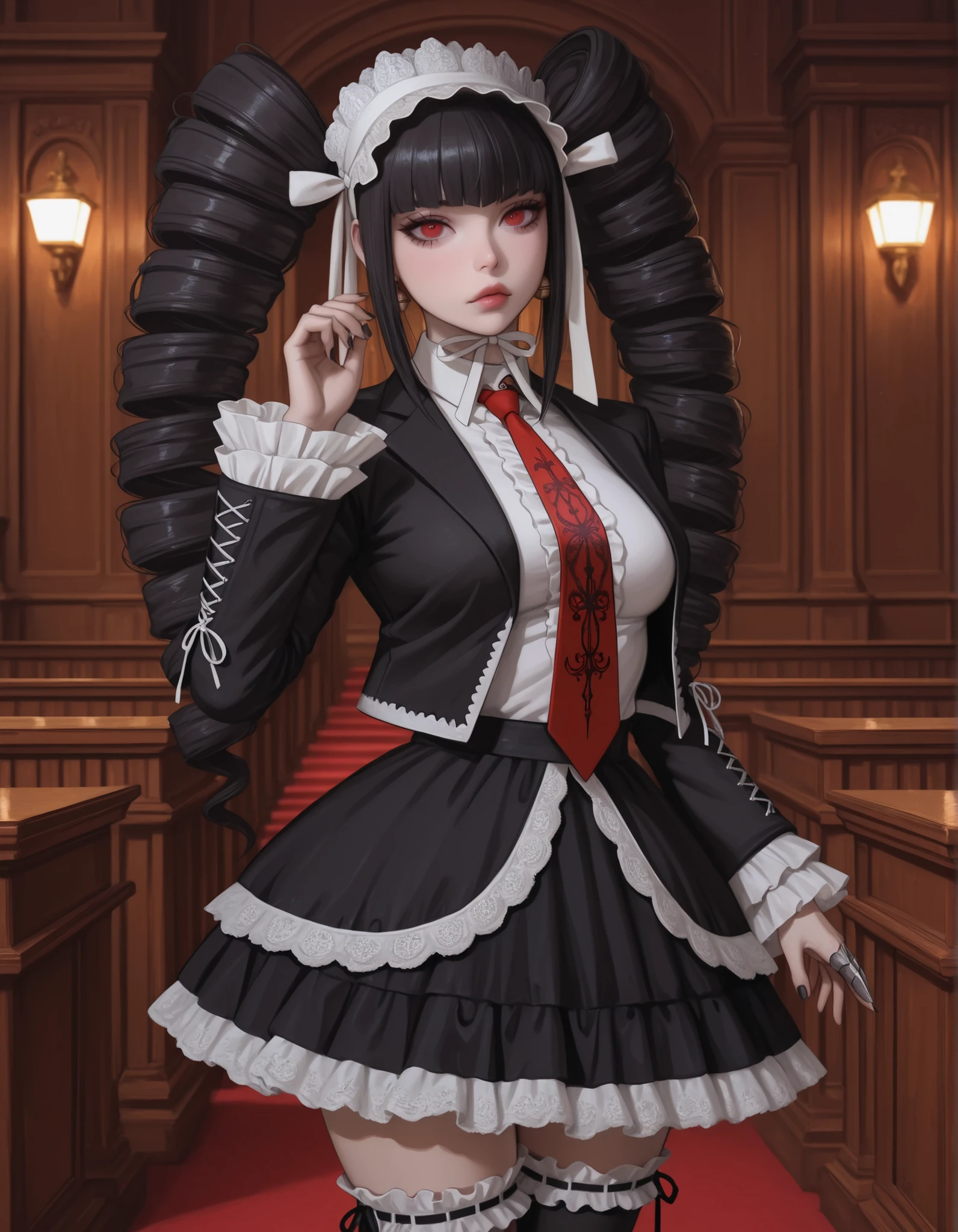 masterpiece, best quality, amazing quality, very aesthetic, absurdres, newest, (scenery, volumetric lighting), oil painting realism, Painterly digital illustration with high detail and texture layering, celestia ludenberg, 1girl, solo, long hair, bangs, lips, white shirt, black hair, red eyes, long sleeves, twintails, standing, bell earrings, frills, print necktie, black skirt, nail polish, black jacket, drill hair, frilled sleeves, red necktie, black nails, twin drills, gothic fashion, layered skirt, bonnet, claw ring, frilled skirt, hand up, medium breasts, courtroom, thighs, looking at viewer, frilled thighhighs