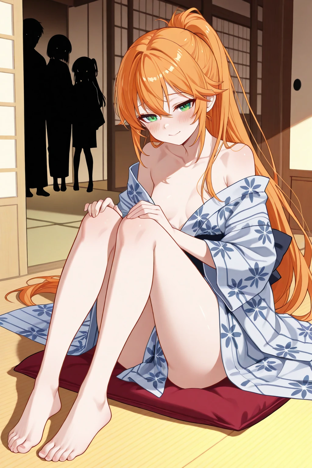 Masterpiece, best quality, perfect lighting, ((nice hands)), perfect hands, suzu, fox ears, fox tail, brown eyes, orange hair, yellow miko kimono, bell hair ornament, full body pov, medium hair, ahoge, hair between eyes, yawning, arms up,in a bed, laying down , with tight clothes, taking off her clothes, smile, cute, embarrassed, with messy bedroom background, fully naked,her chest exposed,cute,naked, laying down on bed,single, without clothes and underwear.