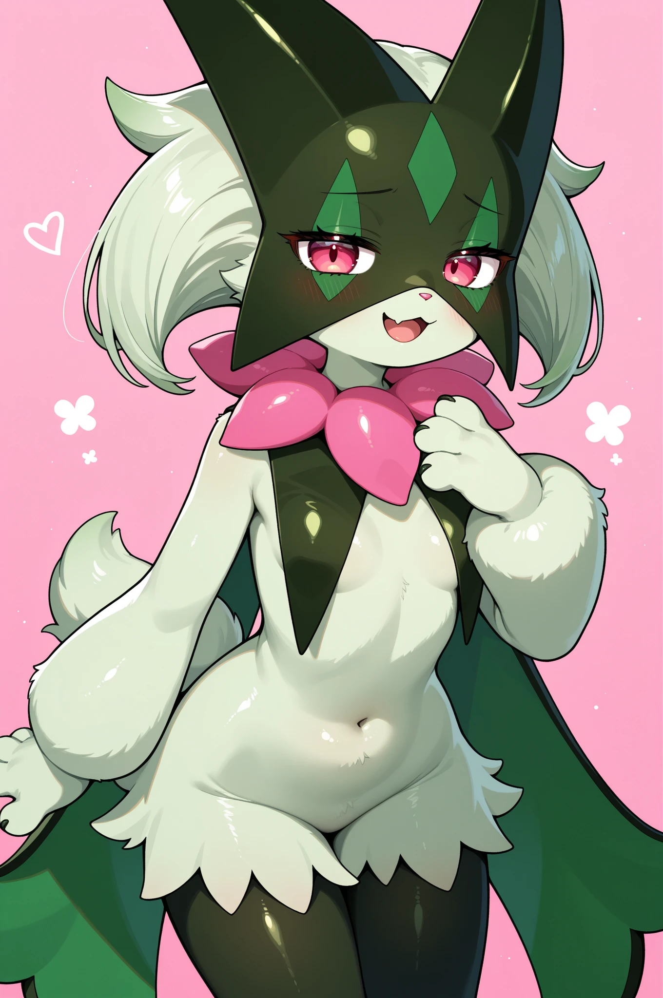 score_9,score_8_up,score_7_up, source_cartoon, source_furry, kemono style, ralsei from deltarune, Anthro furry goat boy, pink horns, pink eyes, feminine, femboy, tall slender body, fluffy body, hourglass figure, white furry body, wearing only his hat, green open cloak, pink thong, lying on a bed, bashful pose, 4 fingers,