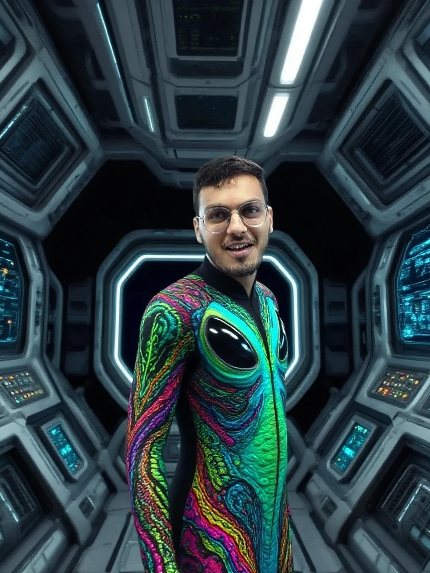 1_A man with glasses ((sports _ overalls)) , leotards, pajamas, space suit. Mandatory sporty style, three stripes on the sides, on the chest the emblem of the sports space team. Space, astronaut, sport, tester.
   2_He wears an intricate hood stylized with octopus tentacles, (octopus in a spacesuit), wearing a futuristic space outfit, Venus squid astronaut, Cyborg octopus, Sci-fi costume, Biopunk costume, ((Futuristic sports tech clothes, Future jacket)), Wearing space overalls for sports, active work, competitions, olympic champion, intellectual, Futuristic biopunk wardrobe, Sci-fi suit, Clothes from the future, Technical suit, Octopus Super Nova.
3_High image quality, 4K | Ultra HD | Full HD, cinematic rendering, 3D visualization - a masterpiece, TOP computer graphics ART. High texture detail, fabric, material, nylon, nanofiber, thermal suit, texture, high quality, (shades of gray, with blue, white, inserts). Film grain, dust, and particles in the air.
4_ Background environment; spaceship cabin, sports equipment, cyberpunk, male style. Studio light, lateral, contrast cold shadows, and warm golden light. Behind the character is a large porthole with a view of infinite space, distant galaxies, the brilliance of stars, a hot star - a flaming ball, alien worlds, and extraterrestrial civilization.