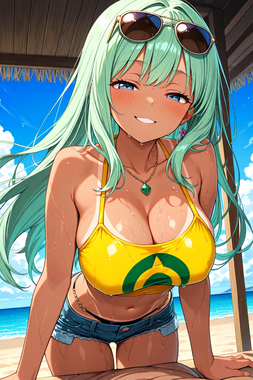 Cute girl with green hair and blue eyes in a bikini, is wearing a swimsuit, ikki tousen, anime girl with teal hair, realistic bikini,sunbathed skin、sexy、huge breasts