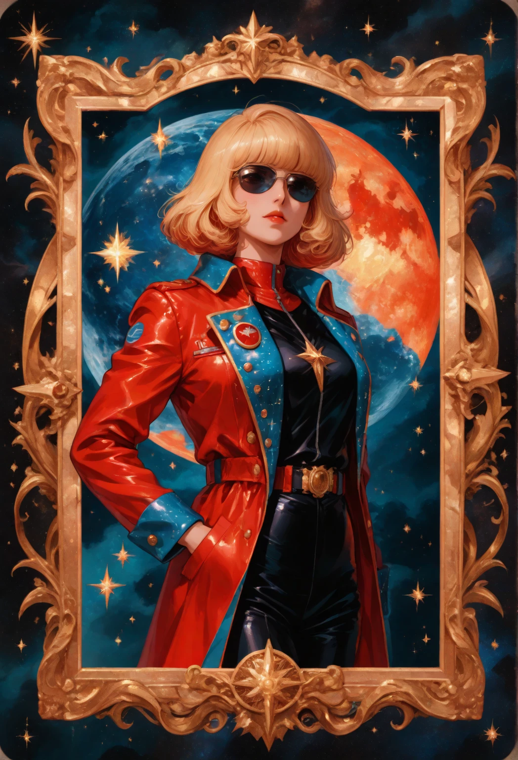 ultra-detailed representation，Infinitely detailed representation，Scenes of fatal blows，Full of mysterious and unforeseen forces. A Goddess woman. Fantasy Chic Sexy Stars Clothing. Thin face. Gray eyes. Light red long red hair. Angry face. Space with stars in the background and clock hands. Predominant gold and blue colors high quality. Holding a constellation.