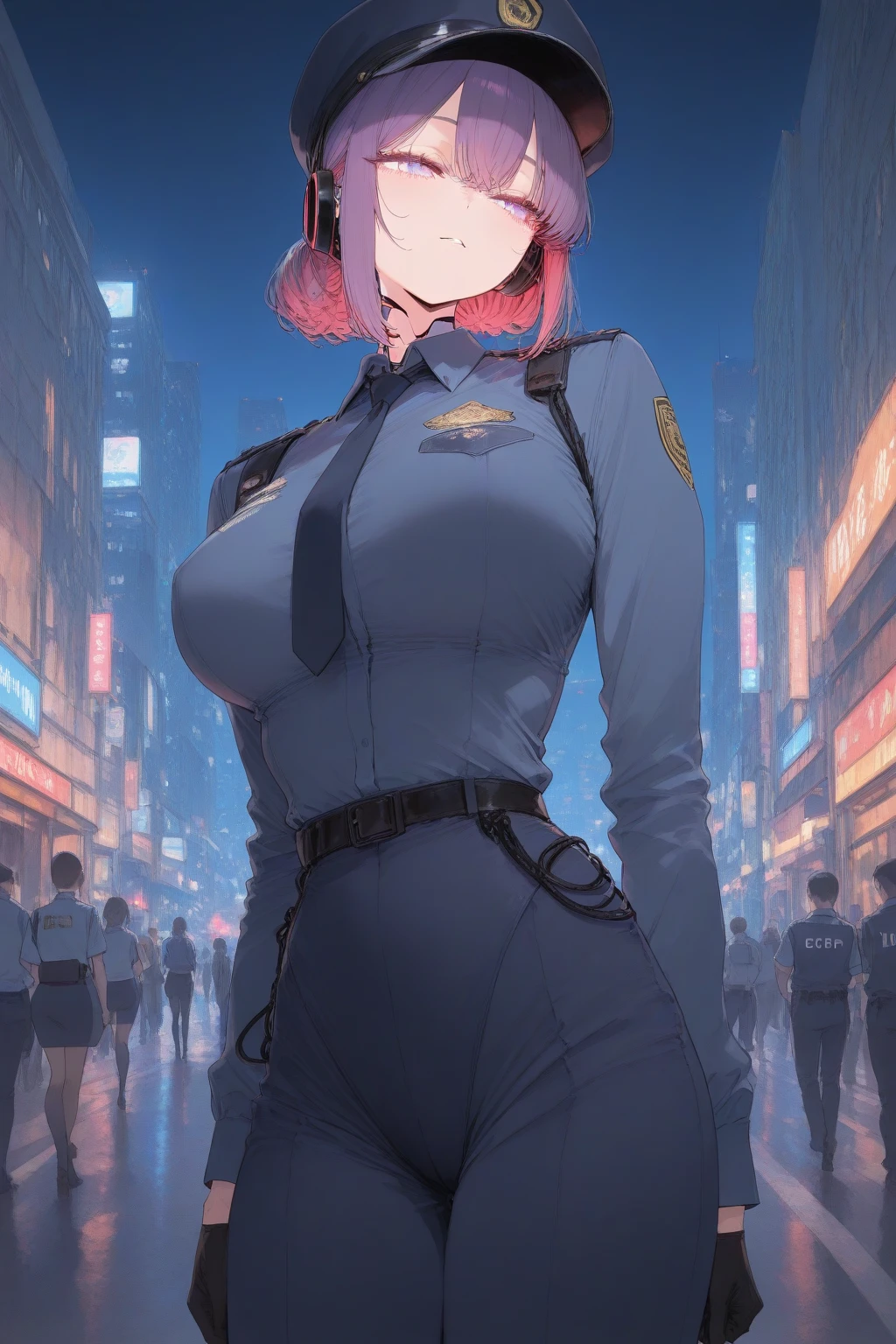 alone, (police복, police), stockings, city lights, (Looking at the audience: 1.3), Open your lips, red lips, glowing skin, skin dents, best quality, ultra high resolution, (realism: 1.4),  