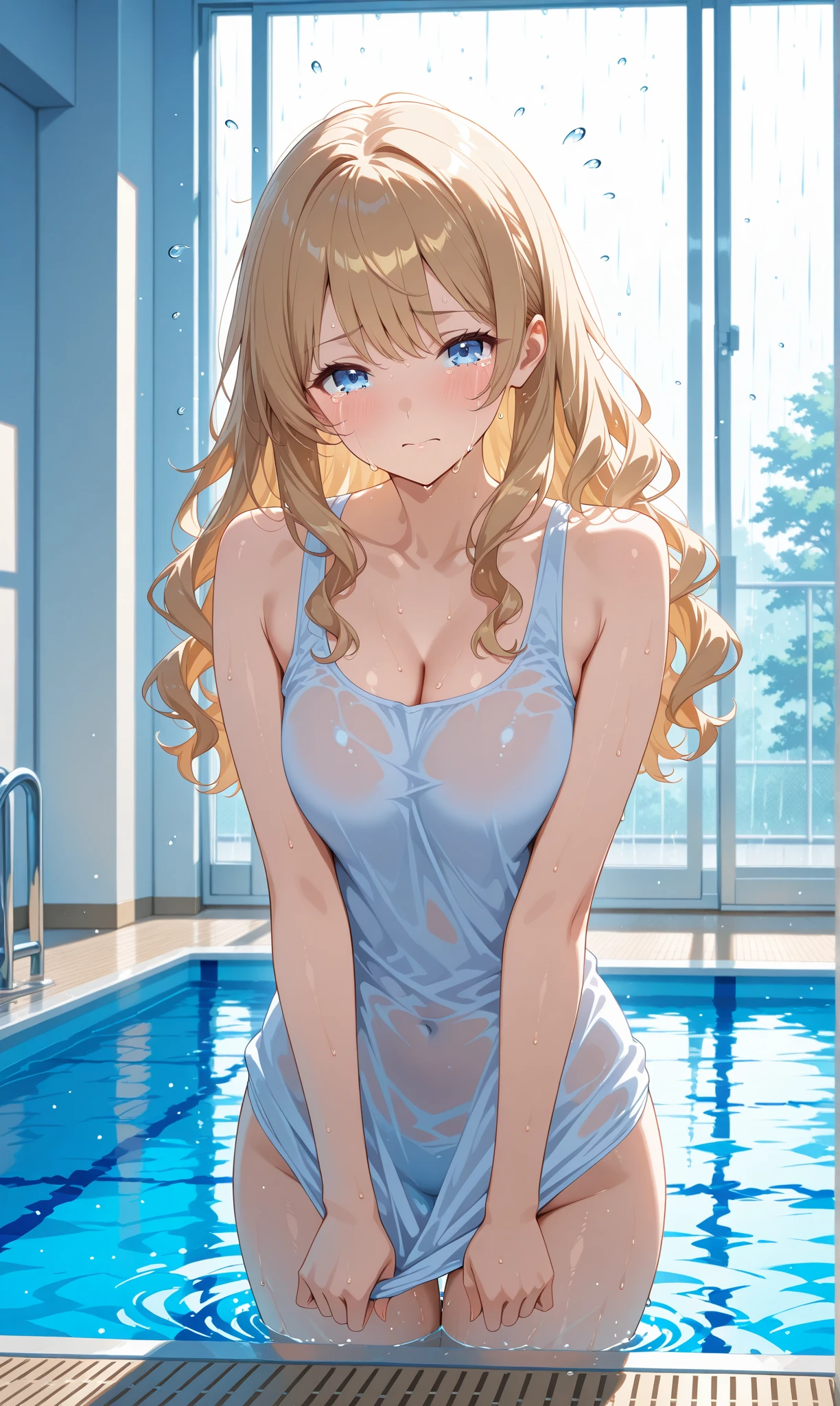 one-piece swimsuit, strap slip、swimsuit、Cute Swimsuit、Random erotic poses、Chestnut Hair、Semi-long hair、Blushing、lipstick、Perfect hands、Detailed hands、Poolサイド、Pool、one-piece swimsuit, strap slip