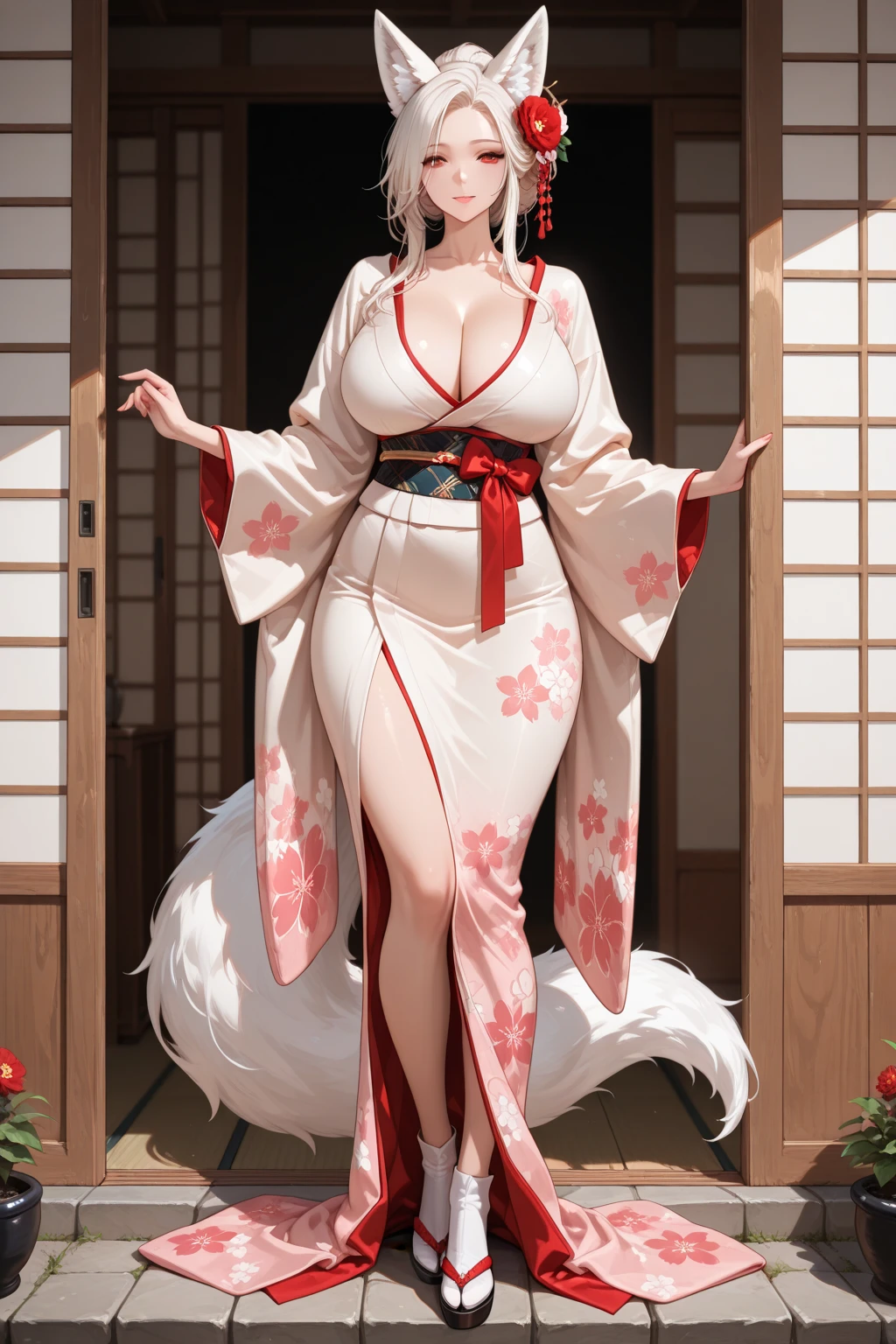 1girl, (ultra detailed), masterpiece, best quality, extremely detailed, sharp focus, (full body:1.3), (looking at viewer:1.3), (light smile:0.5), waving, empty hands, (slim thighs:0.5), pink lipstick, yasaka,
(yellow yukata:1.3), animal ears, fox ears, (multiple tails, fox tails:1.3), fox girl,
Manga, 30yo female, Beautiful body, Beautiful Nose, Beautiful character design, perfect eyes, perfect face,
extremely detailed CG unity 8k wallpaper, perfect lighting, Colorful, Bright_Front_face_Lighting,
(masterpiece:1.0), (best quality:1.0), ultra high res, 4K, ultra-detailed,
photography, 8K, HDR, highres, absurdres:1.2, Kodak portra 400, film grain, blurry background, bokeh:1.2, lens flare, (vibrant color:1.2),
(Beautiful, large Breasts:1.4), (beautiful face:1.5), (narrow waist), jpd body, (slim girl:1.2),
<lora:yasakahighschooldxd-V1:0.8> <lora:jpd:0.5>