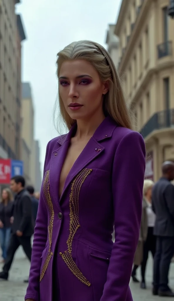 Foto hiperrealista en primer plano de Alicia Vikander, masterpiece, best quality, (photorealistic:1.4), full body,  (;light purple blazer:1.2) (white blouse:1.2), (black pencil skirt:1.1), (buissnes suit:1.2), (dark blue heels:1.2),  street of New York, sunny day, cinematic light, beautiful woman, skinny, big  breasts, wave dark blond hair, detailed face, smile, facing the camera, photo taken from a distance, age of 20 years old,