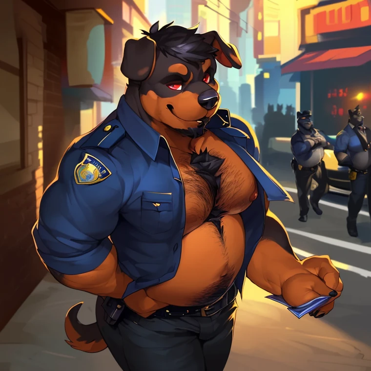 Muscular, male, bear, clothed, police, stripping, penis, outside, city, public, satisfied, peeing, not erected penis, night, dark