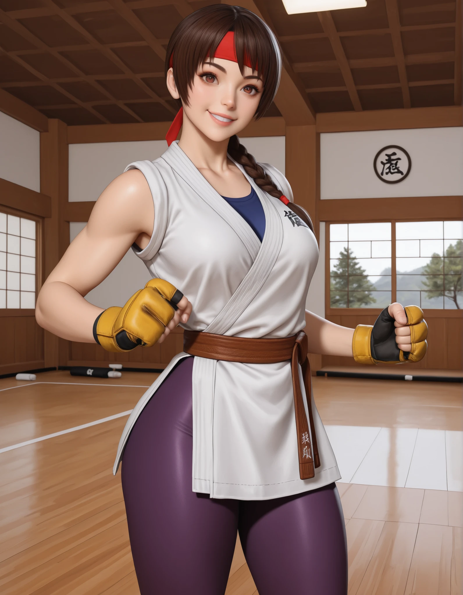 uocst3t1c, UOCestetic ,UOC estetic, masterpiece, best quality, amazing quality, absurdres, newest, 1girl, solo, YRISKIKOF, brown hair, single braid, brown eyes, red headband, dougi, blue undershirt, yellow mma gloves, martial arts belt, purple leggings, cowboy shot, smile, dojo, sakura tree, looking at viewer, thighs, indoors, legs
