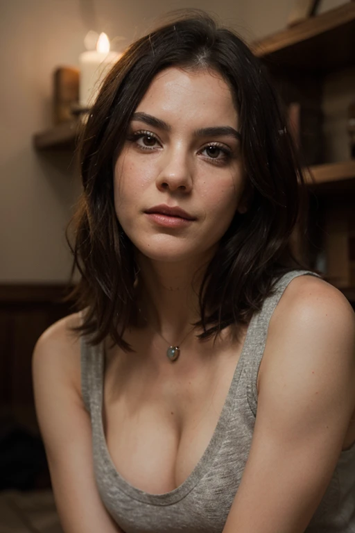 a woman, 25 year old, delicate, cheveux de longueur moyenne, cheveux bruns, skin details, sourire romantique, seductive look, pores de la peau, éclairé par les flashs des photographes, apocalypse, monde en ruine, mad max, tenue faite de cuire et de peau de bête, chained
