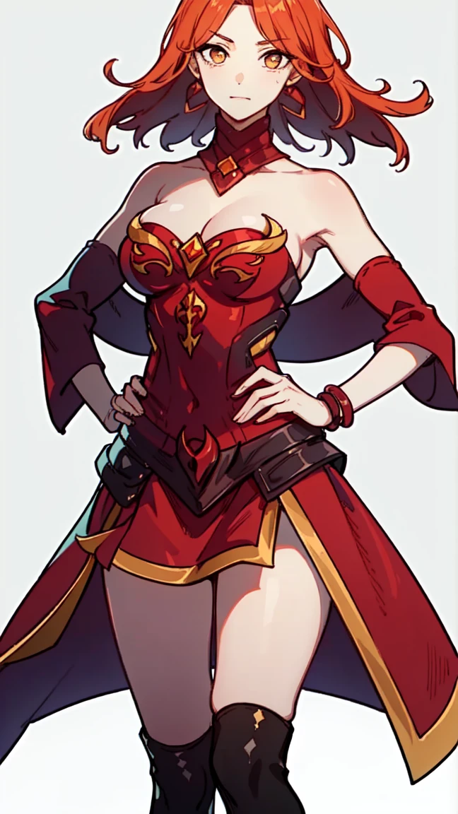 ((1 woman)), red hair, twin_low_braids, bob hairstyle , ((dark skin)) yellow eyes,( extremely detailed eyes, detailed pupils), standing, (mature female),(muscular), medium breasts, long legs, ((yellow and gold cheongsam, cleavage window)), long gloves, wedding gauntlets ,trending on artstationh,intricate face details, strong shoulders, narrow hips, vibrant, 4K, 12k resolution