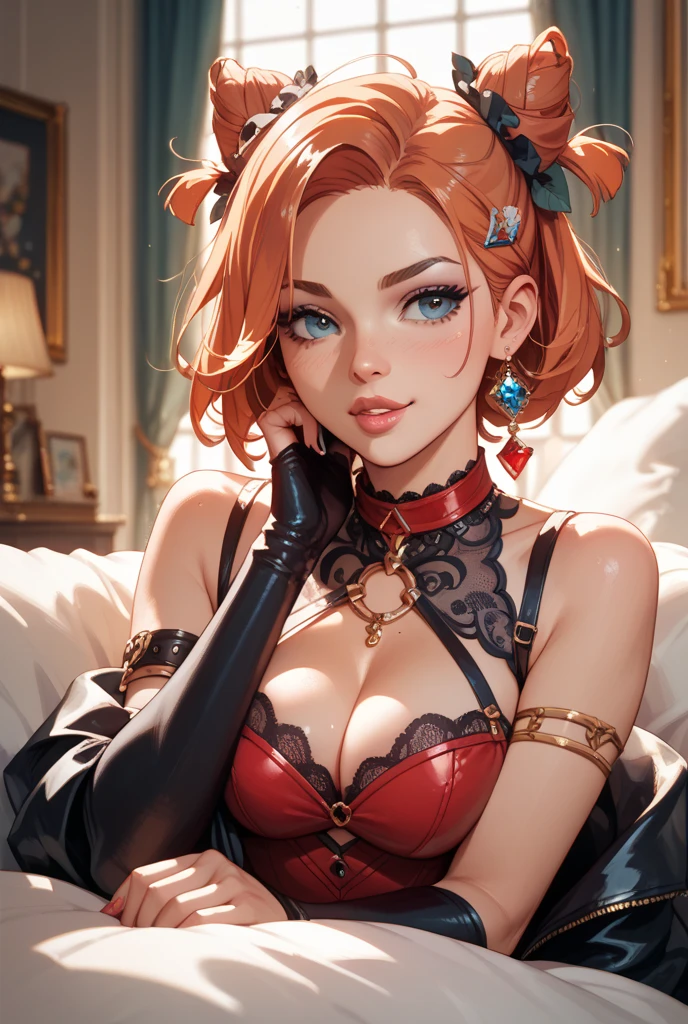 (masterpiece)(8k)(cute)(20-year old woman)(1girl:1.5)(from below:1.3)(full body:1.5)(throne:1.5)(solo:1.8)(wild hair:1.3)(short hair:1.3)(orange hair:1.5)(shiny hair:1.2)(white bandana:1.4)(small breasts:1.6)(flat chest:1.3)(pointy nipples:1.2)(teal eyes:1.4)(oily skin:1.4)(glossy lips)(seductive expression:1.4)(silky camisole:1.6)(pulling underwear off:1.4)(choker necklace)(knee high socks:1.5)(sweaty)(steamy)(chains) rossdraws pastel vibrant, rossdraws cartoon vibrant, style anime 8k, beautiful portrait, artgerm colorful!!!, ! dream artgerm, beautiful anime girl, styled digital art, art wallpaper 8k, digital art, extremely detailed artgerm,