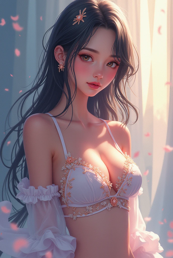 (masterpiece:1.3, Highest quality, Ultra-high resolution, Super detailed), (Realistic, photoRealistic:1.4), Beautiful illustrations, Perfect lighting, colorful, Depth of written boundary, Beautiful detailed hair, Beautifully detailed face, Beautiful fine details, Beautiful clavicle, Beautiful body, Beautiful breasts, Beautiful thighs, Beautiful feet, Beautiful fingers, View your viewers, 1 girl, Perfect Face, (Perfect ???????, Anatomically correct), Cute and symmetrical face, Baby Face, , Shiny skin, (Brown Hair), Hair between the eyes, Dark green eyes, Droopy eyes, Big eyes, Long Eyelashes, (((Luxury underwear)))、((Light blue floral underwear))),(bra、Embroidery pattern)、(((panties、Embroidery pattern)))、(Beautiful views), Bright lighting、smile、laughing,(((semen)))、(((The whole body is visible)))
