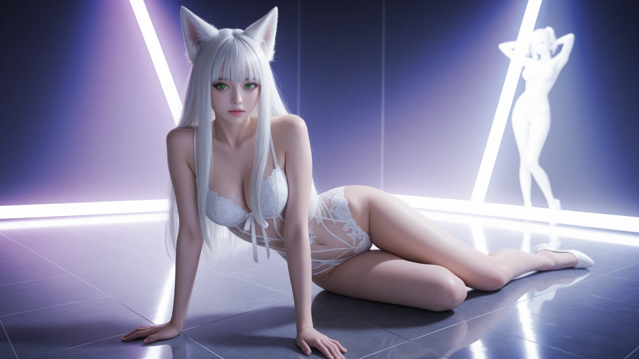 better image quality，super meticulous，realistic and tender，a high resolution，Dynamic angle，dynamic pose，1 character，long white hair，Fox eyes，white underwear，White lace thong panties，There are fox ears on the top of the head，Smooth white tender long legs，bare feet，The figure lies on the bed with his arms raised up，Pervert woman，aboutчаровательный вид，Sexy and charming，good body，Jade leg，sensual，large scale，Tall and tall、Texture Tools and Model Packs，aboutн передает ощущение атмосферы, where beauty and charm coexist.，Increase realism with detail，Create a surreal, dreamy feeling。Besides，Use Midjourney Tools, to add different things to the female centaur, 4K, 8 K、about, standing, very long hair, cowboy shot, brilliant, brilliant hair, (night:1.2),Dreamy, [[gentle fingers and hands:0.55]::0.85],(detailed fingers),),(emotional),(breathtaking),(main part:1.2) whole body.), (Anime Style), (Super Detailed), (brutal), (uhd, HDR), (8k), (High Resolution: 1.2), (Complex and Beautiful: 1.2)