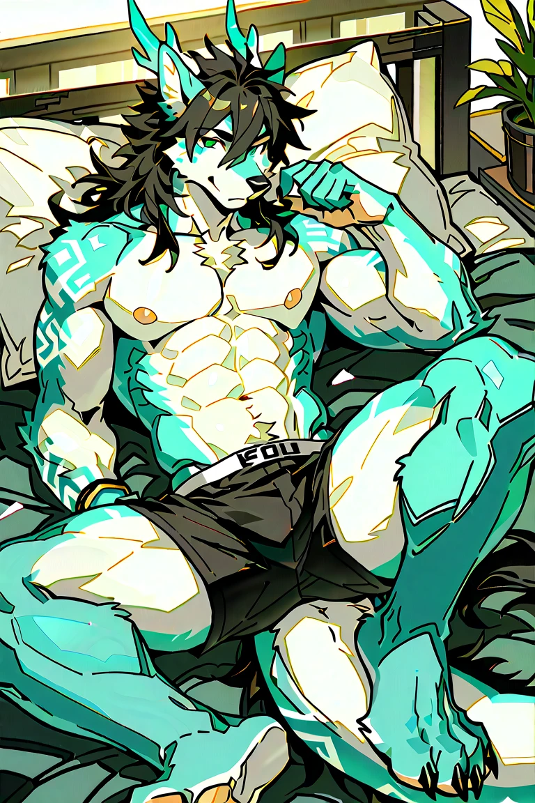 Sunlight,high resolution,4K,masterpiece,high quality,Brave and bold,((Wolf)),male,((Lying in bed:1.2,Strike a pose:1.3)),WolfFurry,(Middle-aged uncle),hairy,((Blushing,Long hair)),((peaceful,Ease)),((Strong body,thin long ears:1.2,Wolf尾巴:1.3,Crotch bulge:1.4)),(((Red and black sports shorts))),(((Green ears:1.2,Dark blue head:1.2,dark blue back:1.1,Dark blue hands:1.3,White breast:1.3,White belly:1.4,Blue pupils:1.2))),Fascinated faces,AttentiontoDetail,Detailed body,(Detailed hands:1.2)