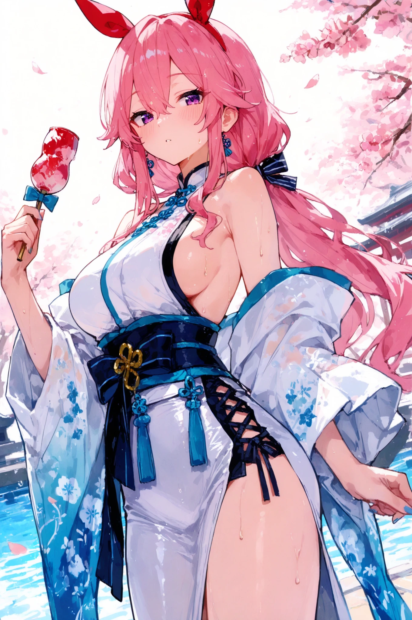 highest quality、High resolution、detailed background、beautiful and detailed face、beautiful and smooth skin、skin texture、professional lighting、Beautiful teenage girl、(huge breasts:1.2)、
Yukata with bright colors and patterns、pink or light blue cherry blossom pattern、tie hair、bun hair、
pink floral embroidered panties、No bra、sleeveless、pleasure boat、night view、firework、
しゃがみ込んだ真from belowの接写アングル、 (close-up underwear from below), from below, look at me with cold eyes、sexual expression、underboob、panty shot、panty shot、camel toe、highly exposed