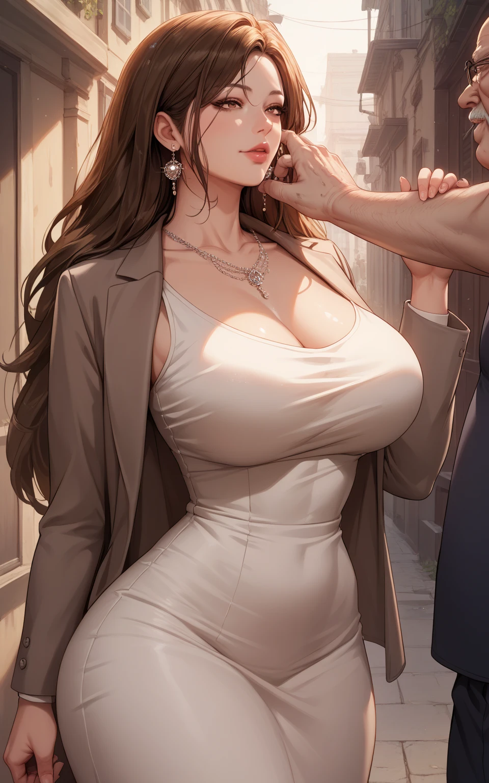 Front view, Mature women, man standing behind her and grabbing her breast, man chest is pressing on woman back, blush, crowded train, cleavage, realistic body proportions, molestation