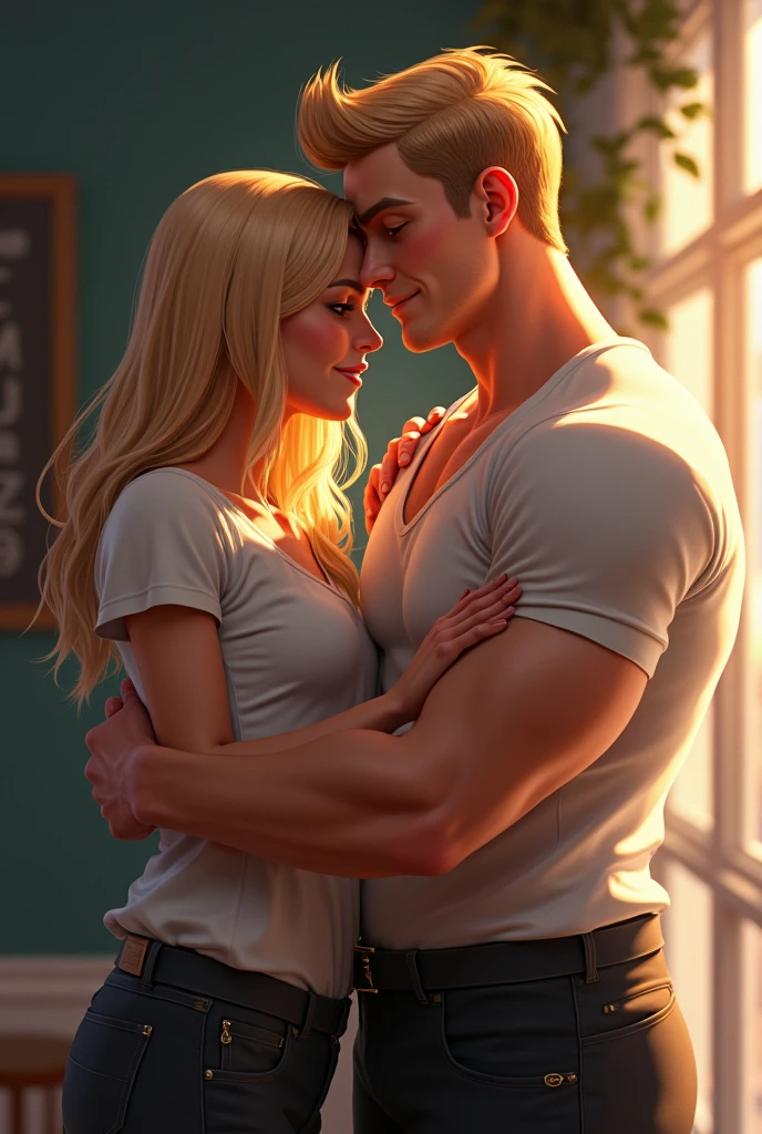 A petit, beatiful, delicate woman with long blond hair, being held by a tall and muscular man, with no beard, black hair. In a kitchen.