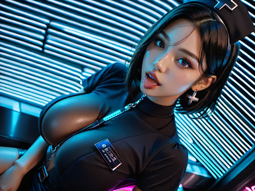 Cyber sport girl looks like epic game character atractive beautiful and cute girl with thin body and big curvy bust, girl looks like kitty, girl showing with fingers litter "V" also handle her bust with other hand and sticks out her tongue and closing one eye she even licking her bust, also like with real kitty her bust undressed, her bust falling out of her bra