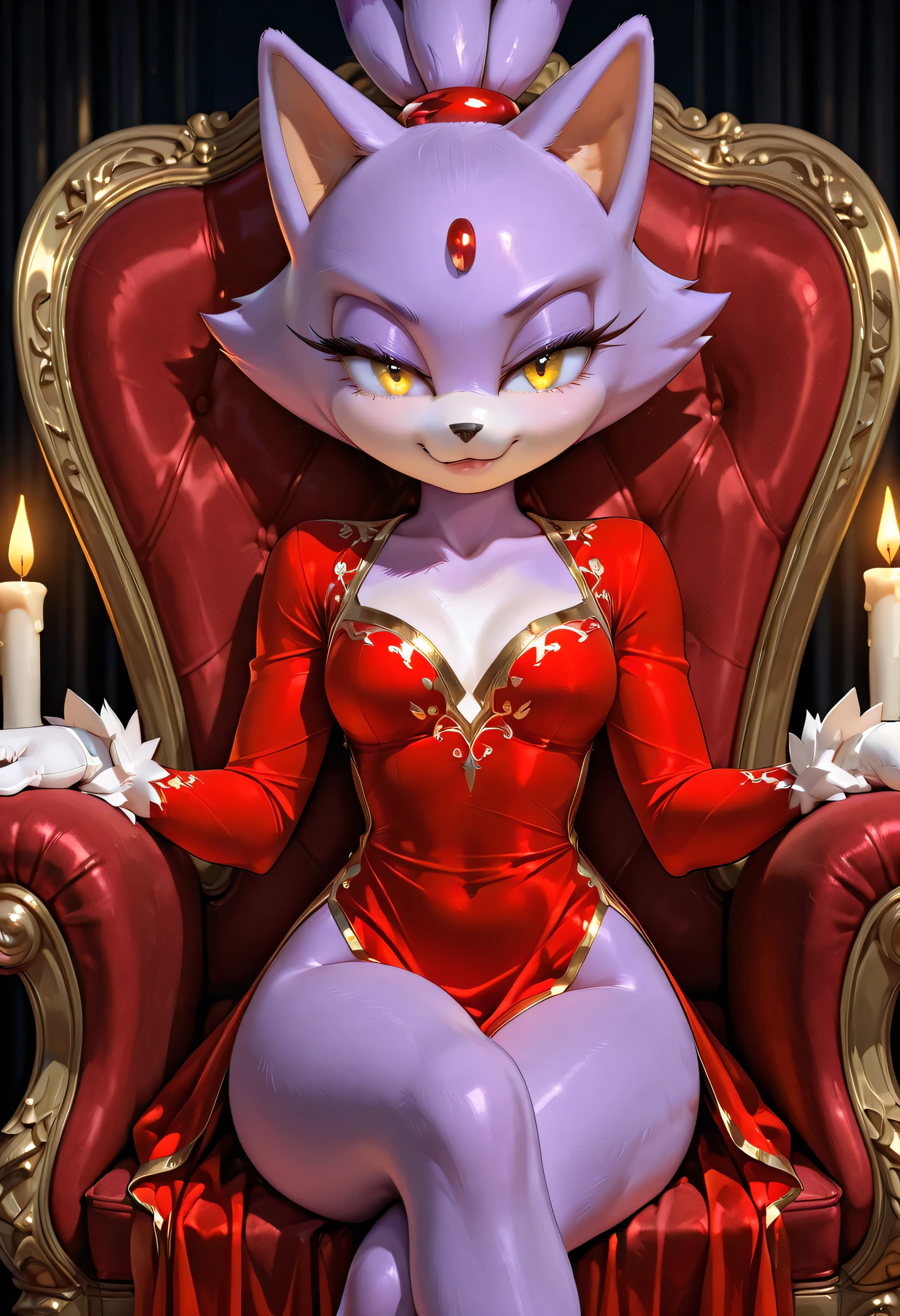 Anthro Blaze the Cat in a crimson satin teddy with open sides and golden embroidery, posed on a velvet chair, legs crossed, teasing glance, glowing candle-lit room.