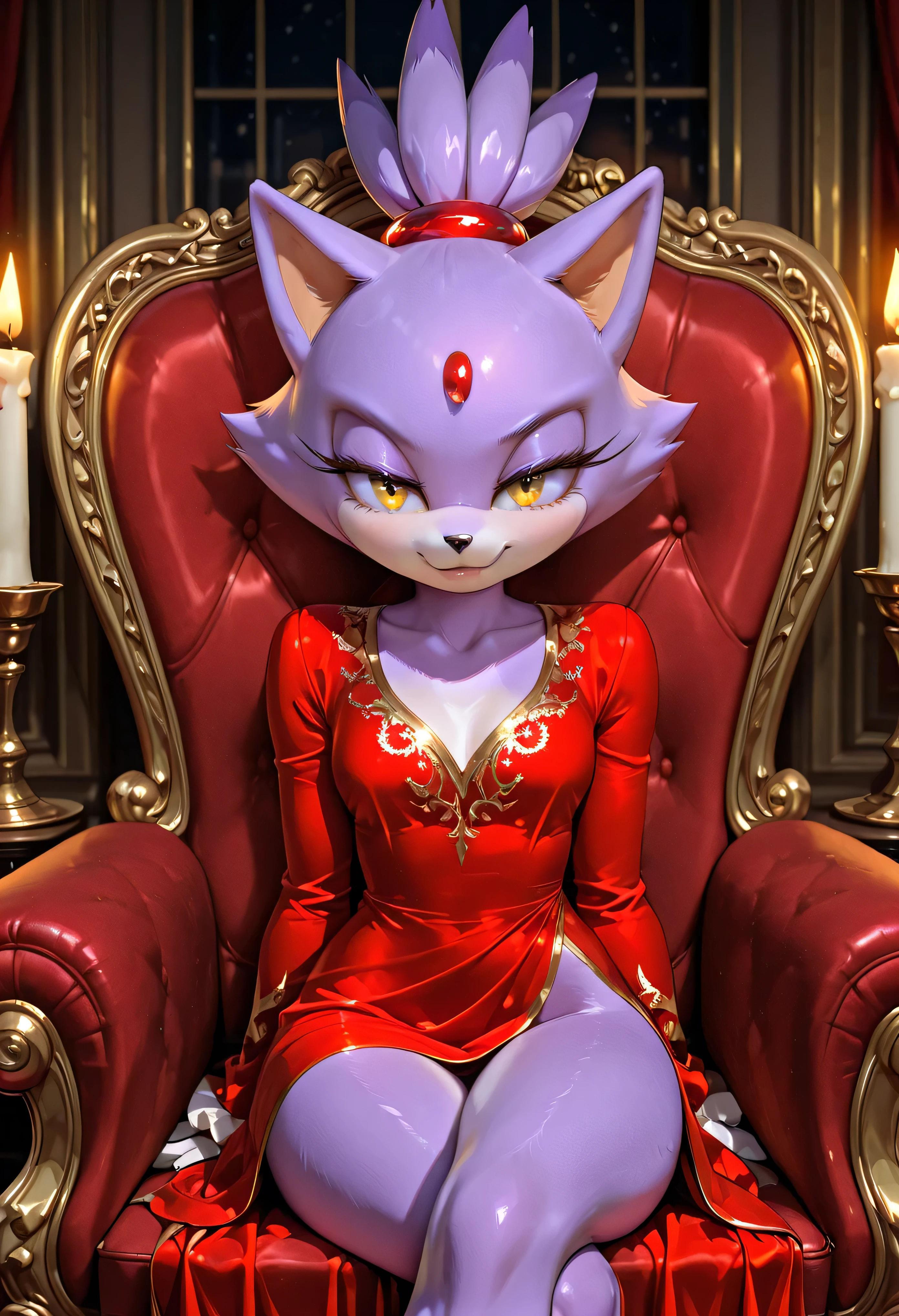 Anthro Blaze the Cat in a crimson satin teddy with open sides and golden embroidery, posed on a velvet chair, legs crossed, teasing glance, glowing candle-lit room.