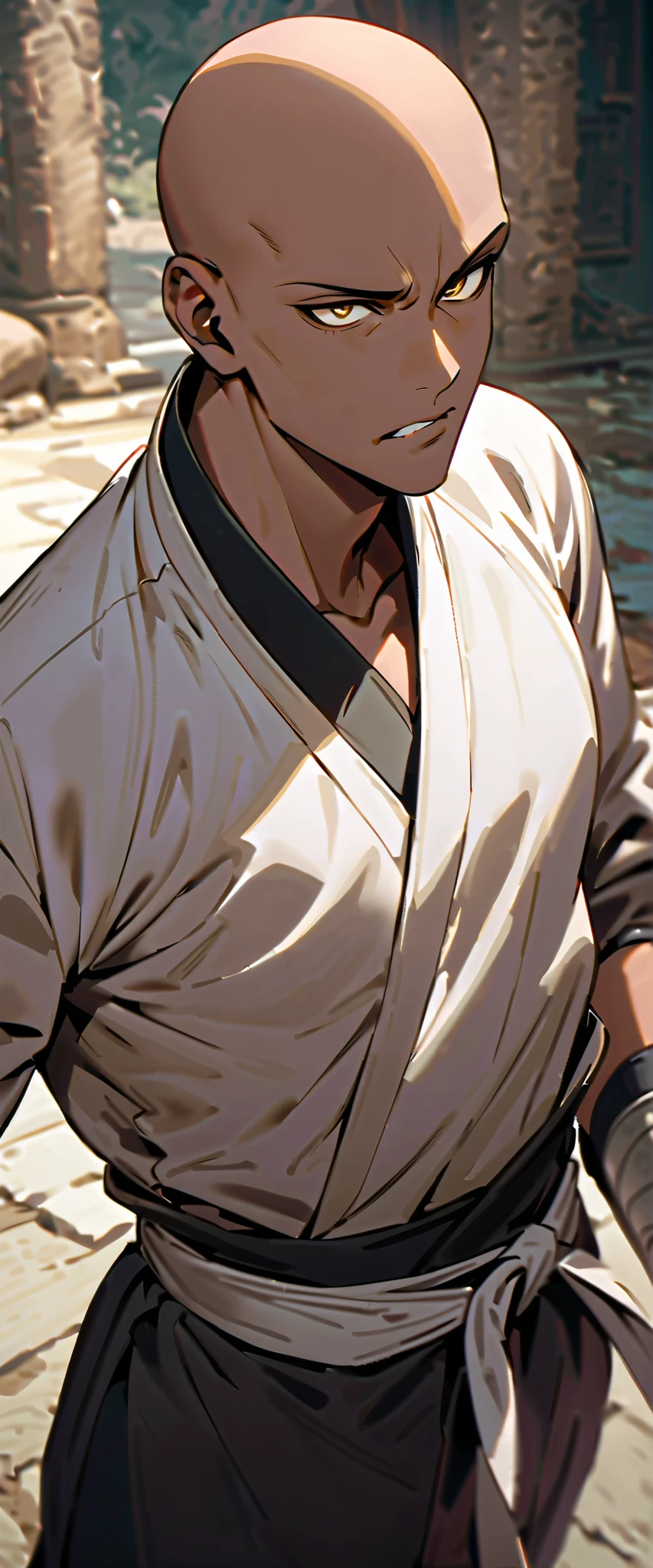(high-quality, breathtaking),(expressive eyes, perfect face) 1boy, male, solo, young adult, yellow eyes, (bald hairstyle), (dark skin), soft serious expression, Monk profession, martial artist, well built body, pants, knuckle bandages, fantasy clothing, fantasy attire, DnD Monk Class, oriental monk, half body,