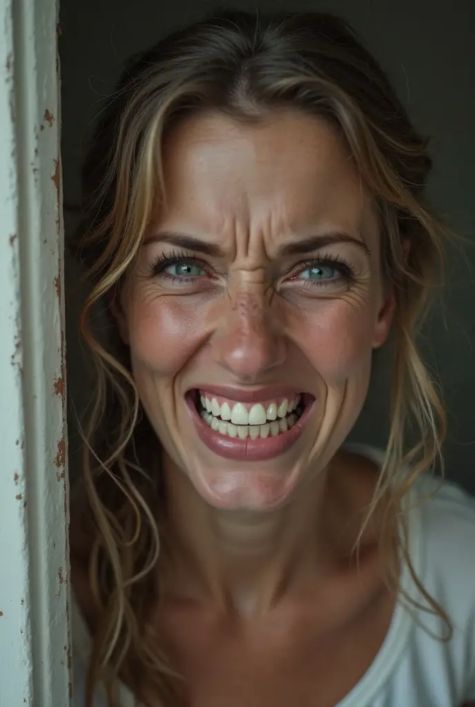 photo of a skinny very old wrinkly-faced faced mature blonde messy long hair thrown into a messy bun ponytail. She wears: (turtleneck soft high ribbed dark red super tight sweater:1.1),   pose, high tight ribbed neck,  smile, perfect fake tits,  eager granny, teasing sexy old lady, mouth retractor gag