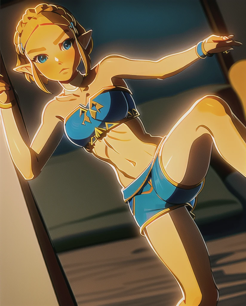 Zelda, 1girl, elf ears, yellow hair, medium chest, fine collarbone, lovely lips, beautiful breasts, beautiful face, green eyes, very detailed blue dress, workout clothes, realistic shadow, front lighting, ((blue hairpin)), daylight, (perfect body : 1.1), (young),  (extremely detailed CG 8k wallpaper), (extremely delicate and beautiful), (masterpiece), (best quality:1.0), (ultra highres:1.0), perfect lighting, fantasy, fantasy city background, bright background, full body, navel, midriff