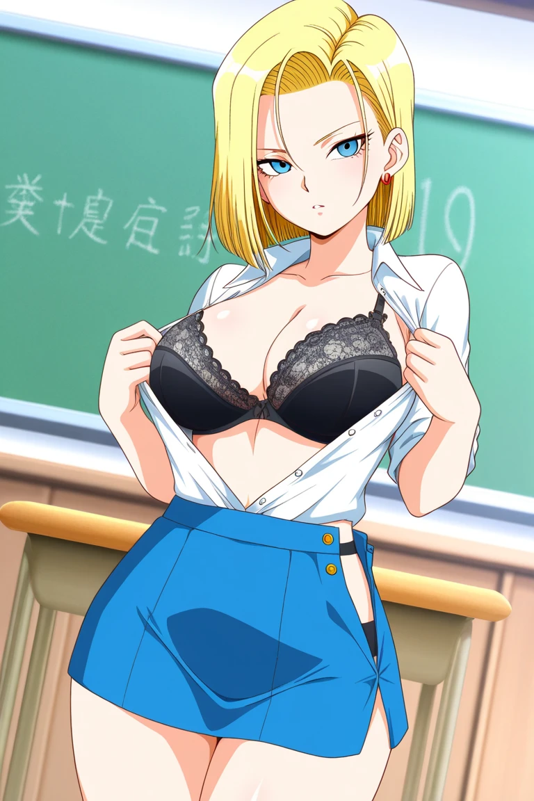 Pretty girl, blonde hair in bun, cute, black japanese uniform, black shirt, black collar, red tie, faccing viwer, looking at viwer, ((skinny hips)), atlethic arms, ((toned legs)), ((thighs on frame)), toned, (muscular female), (large breasts:1.2), curvy BREAK, ((short black skirt)), ((sleeveless)), ((bare thighs)), ((sitting on a desk)), (((vibrant colors:1.2), vivid BREAK intricate details, (masterpiece:1.3), (best quality:1.3), (perfect anatomy:1.4) BREAK, (beautiful classroom:1.3), classroom background, school uniform)), sulcate, cell shading, simple shading, clean lineart
