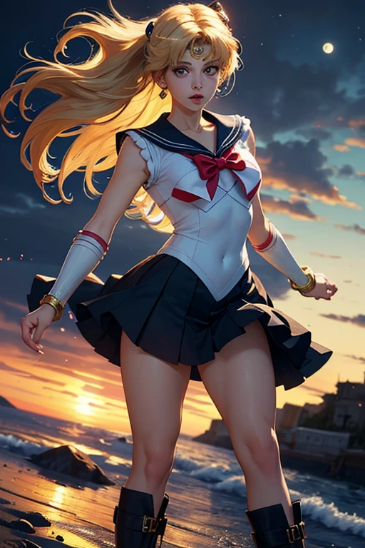 masutepiece, Best Quality, 1girl in, (lease),a blond, (black eyes:1.2),((Sailor Senshi))、((a miniskirt))、((embarassed expression))、((fullmoon))、((Photo from below))、((thigh high boots))、((Long))、((White Long Gloves))、((white ))