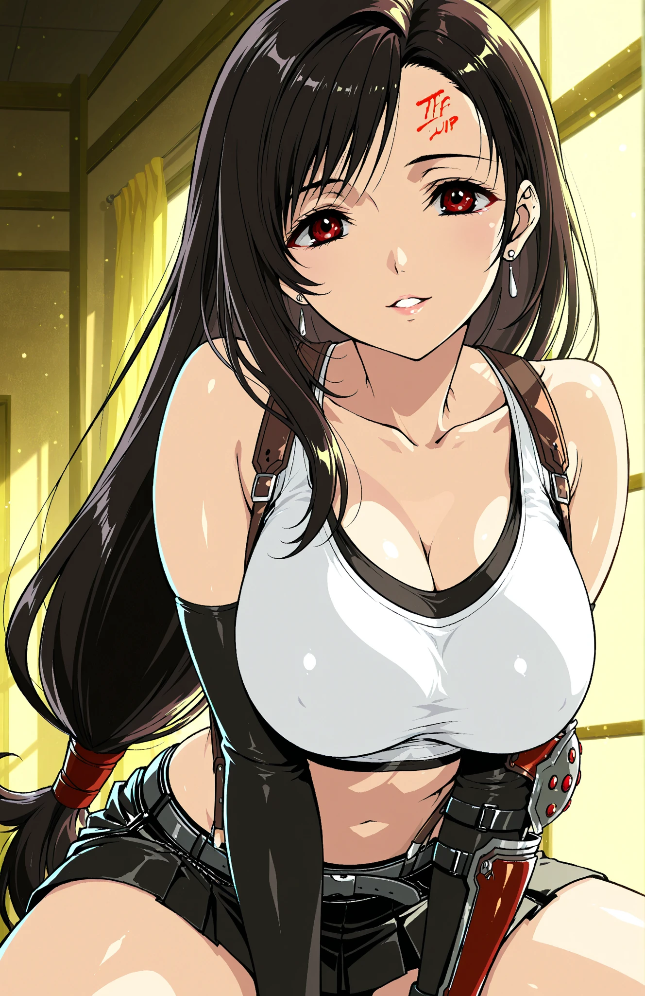 (score_9, score_8_up, score_7_up), BREAK (masterpeace),(best quality),(aesthetic,very aesthetic),(anime,mid),1girl, tifa lockhart, final fantasy,(beautiful woman). black hair, low-tied long hair, red eyes, bangs, white tank top,gap, belt, pleated skirt, thighhighs, elbow fingerless gloves, elbow pads, midriff, navel,suspender skirt.zettai ryouiki ,,(large_breasts:1.3),Solo,upperbody,looking_at_viewer, vibrant, joyful,cafe and bar,,,mediumshot,(Emphasize the cleavage)、(leaning forward:1.3), (hands on knees) ,Showcasing cleavage:1.2 ,breast hold,straight-on,
