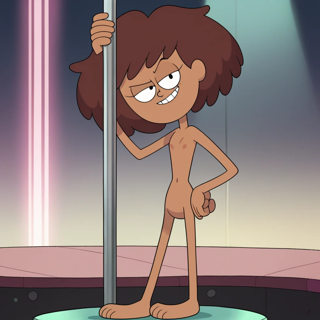 Trixie carter, 1 woman , dark-skinned female, double bun, black hair, nude body, pussy, standing, on school, classroom, cartoon, standing by desk, small breasts, nipples, front view, spread legs, pussy juice, cameltoe 