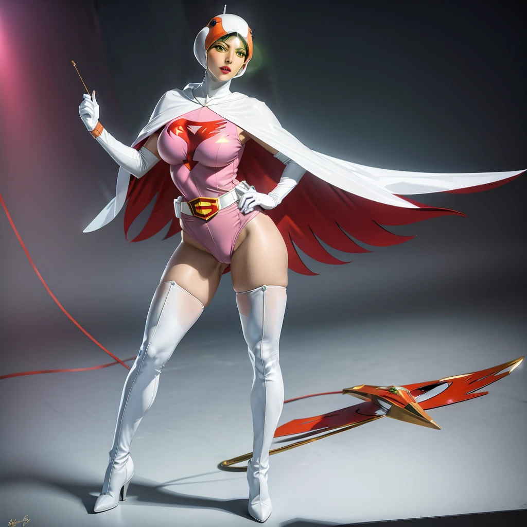 ANI_CLASSIC_jun_gatchaman_ownwaifu,1girl, 18yo,good anatomy, masterpiece, best quality,realistic, hyperrealistic, 16k hdr,
long hair,breasts,green eyes,lips,large breasts,lipstick,makeup,gloves,cape,helmet,belt,elbow gloves,white gloves,mask,ultra miniskirt,leotard,spacesuit,white legwear,pink dress,superhero,bodysuit,cleavage,erected nipples,(sexy pose,from below:1.2),(spread legs:1.1),cameltoe,smile,sitting,space ship