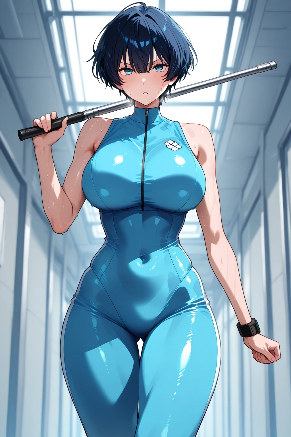 A boyish, short-haired, busty, beautiful-legged woman is standing by the pool in a competitive swimsuit.。Angle from behind。Being photographed by a middle-aged male teacher。