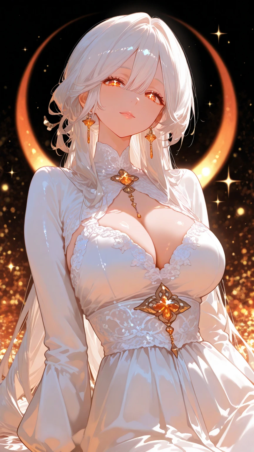 Cute Farmgirl with Braids. ((White haired woman, 30years, long hair, curly hair)), Perfectly round face. Beautiful cute face, Big beautiful voluptuous lips, charming beauty, ((gentle expression on your face)), ((beautiful yellow eyes, gold eyes, large and detailed)), Waist slender, Broad Hips ((Dark blue dress with ruffles, modest dress, very high neckline)) (highy detailed)),offcial art, Award-winning digital painting, digital illustration, extreme detail, 4K, ultra HD, Rococo, polished, Intricate, realistic fantasy art, sharp focus, conceptual artwork, arte por WLOP, artgerm, (2D vector illustration) Light, airy, hourglass figure. ellie bamber
