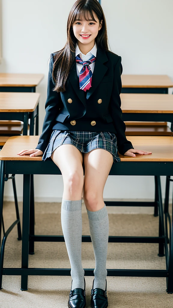 High school girl, one woman closeup, 35mm masterpiece, vivid details, super detail, realistic skin texture, live action, super high quality, navy blue blazer school uniform, navy blue pleated mini skirt, dark blue socks, navy blue high socks, gray high socks, brown loafers, knee little boy in high socks, smile, beautiful face, beautiful Japan woman, 18 years old, idol class cuteness, beautiful girl, full body shot, Beautiful thighs, beautiful legs, beautiful high school girl, super cute, kneeling, squatting, kneeling, one knee up, one knee standing squatting, looking from above, inner thighs, daytime, knee out, healthy inner thighs, bare legs between knee boys and skirts, socks from below the knees, natural light, outside, sunlight, chin raised, showing the nape of the neck, extremely cute schoolgirl