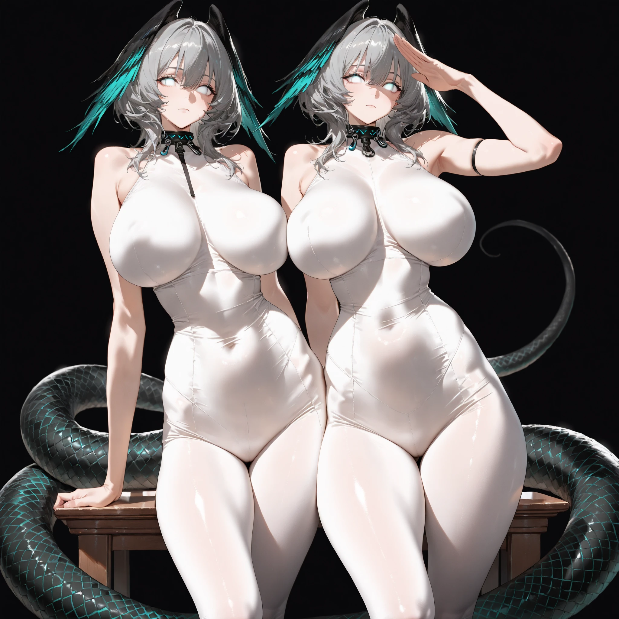 silver hair bob、wears a moon-shaped hair ornament、Light blue and pink odd eyes、Completely naked、Breasts and nipples are visible、Tentacles wrap around my thighs、Tentacles are wrapped around the breasts、I can see her pussy、Tentacles are inside my pussy、legs open