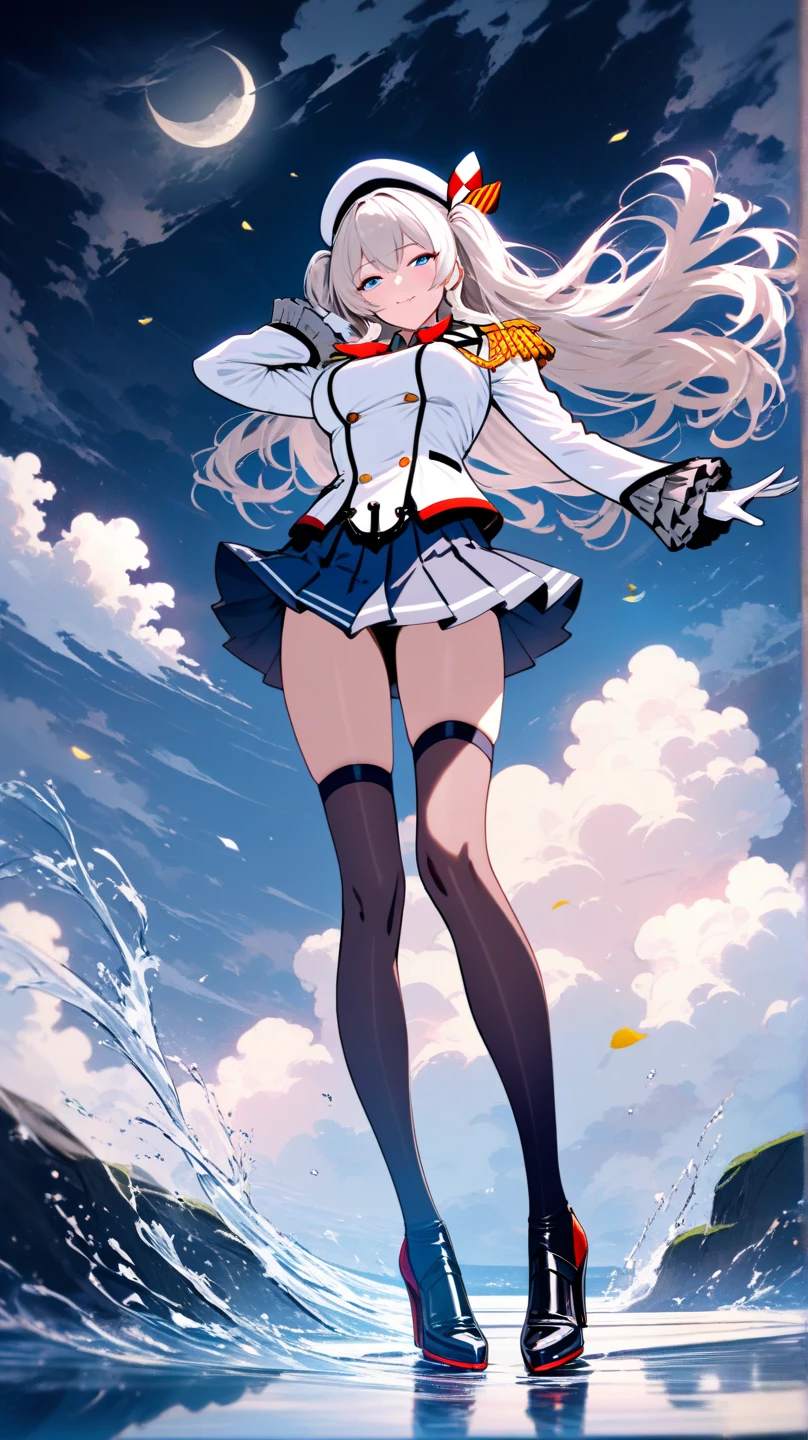 knee boots,illustration,((solo)),(1 girl),smile,(fusion of school uniform and high legged swimsuit),shiny,depth of field,colorful, closed mouth,floating,nature,galaxy,fantasy,snow,winter,star,night,a lot of snow,floating snow