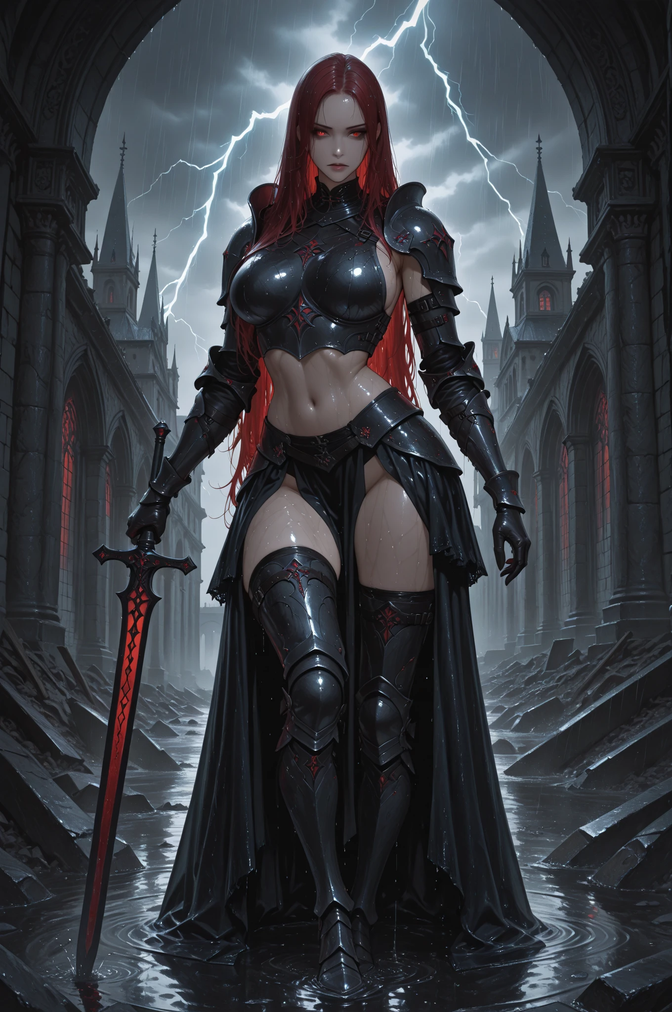 Generate a stunning art style, a true [masterpiece] [best quality] of art. The image showcases [detailed linework], [dynamic shading], and [dramatic lighting], bringing to life a [dreading atmosphere, grim dark coloures] . In the background a [gothic hive spire city, warhammer 40k] is to be seen in [grand:1.8, high-scale:1.8, panorama:1.8]  from  [from below].
A wych , solo:1.3 is [full body view, standing, from above ] in front of the edge of a tower. She is holding a [spear in her righthand]. She is wearing a [stunning full armor, intricate ornamented black metallic armor] with [topknot, red hair, pale skin, blood on weapon, evil smile] .
<lora:more_details:1>  <lora:Wych MK1.A by CARAXES:0.7>