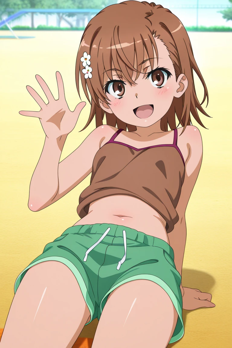 (((masterpiece))), ((highest quality)), ((Very detailed)), ((High resolution)), ((8k)), ((Anatomically correct)), ((The correct number of fingers)), One Woman, Taneshima Popura, Brown Hair, long hair, ponytail, (he is short), Very cute woman, delicate, Charming smile, Brown eyes, Bright Eyes, Best moment, Vivid eyes, Beautiful Skin, Cute face, delicateな腕, Detailed skin texture, Intricate details, Very detailedな顔, Beautiful Eyes, Beautiful curves, View your viewers, Beautiful thighs, White triangular bikini, Wear denim shorts, I can see my belly button, Sweat, Beautiful standing posture, Model standing, Open your mouth, Night cityscape, Date with a lover, A big smile, Lift the chest,