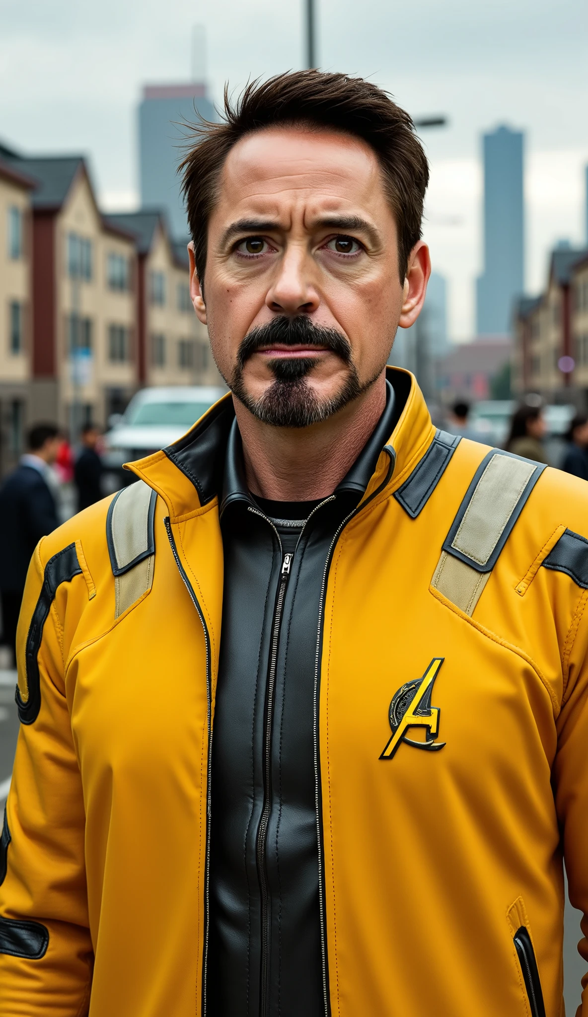 ROBERT DOWNEY JR in yellow suit with shiny black and gray details high quality Kansas city background with houses and people in the background and rain 