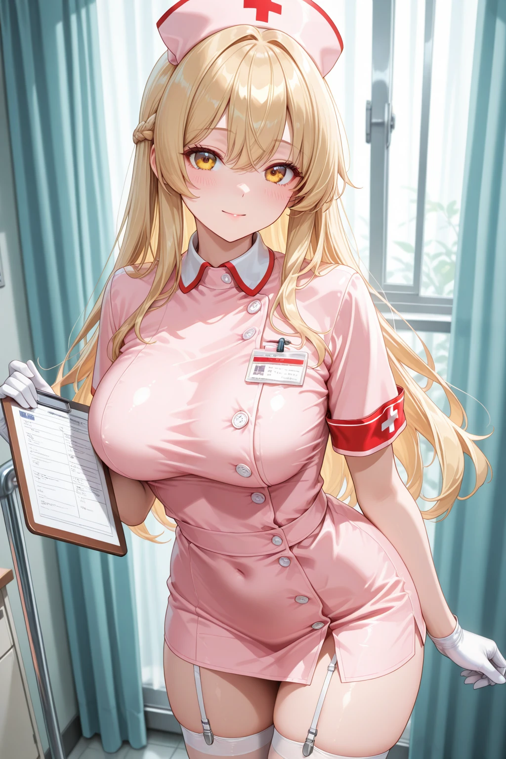 (((Adult woman))), pink eyes, (long blonde hair), sexy nurse clothes, hospital