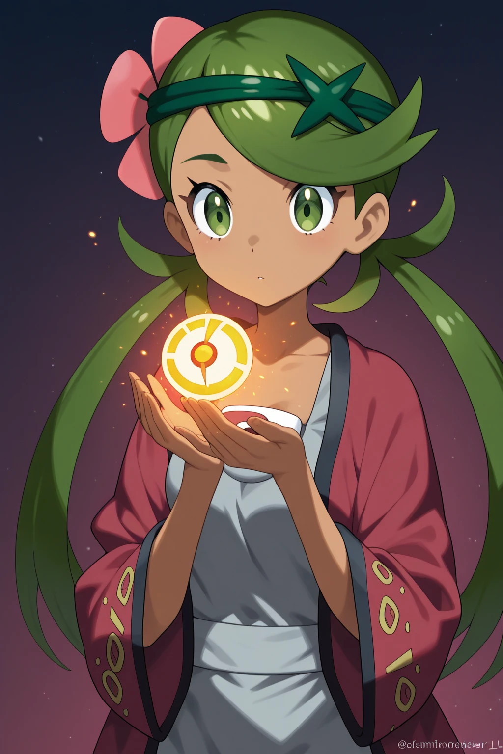 (Cowboy shot), (ultra-high resolution, depth of field:1.2), looking at viewer, (komeiji koishi:1.1), (1woman), adult, Touhou project, , (dark green eyes), white pupils, glowing eyes, green hair, wavy hair, (long hair), yellow ribbon, ponytail, (wearing a white summer dress:1.2). A closed blue-purplish "third eye" is positioned over her heart, with cords wrapped around her torso and attached to each of her ankles, (blue roses in the background), garden scenery, grinning, (squinting eyes)