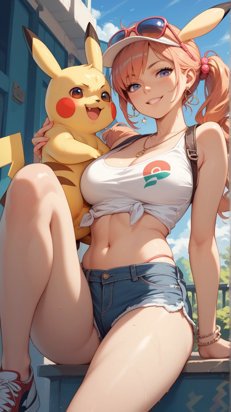 (Highest quality,8k,32K,masterpiece,Ultra-high resolution :1.2 ),born,one person,Super cute,Natural light,Clear, shining eyes,20-year-old,Fair skin,Fantasy background of an electronic world like a park with a fountain in summer,Large Breasts,Large Breasts,Good,Pikachu Cosplay,Pikachu's ears,Pikachu's food,Pikachu's tail,An innocent smile,Electrically charged,Pink Hair,Brown Hair