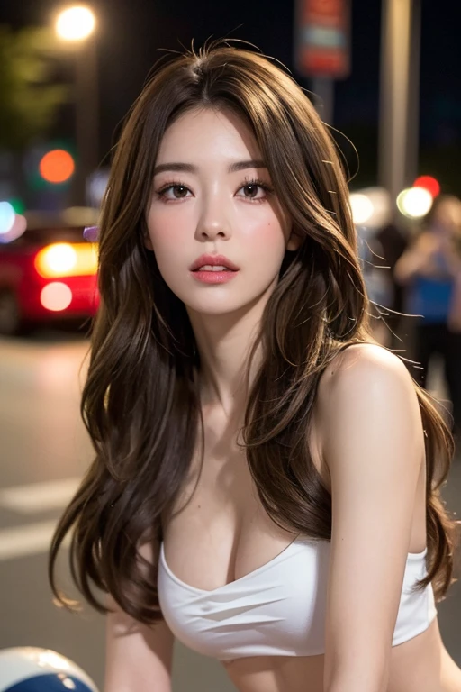 ((Realistic lighting, top quality, 8K, Masterpiece: 1.3)), Clear Focus: 1.2, 1 girl, Perfect Body Beauty: 1.4, Slim Abs: 1.1, ((Dark Brown Hair, Big: 1.3)), (Accelerate: 1.4), (Outdoor, Night: 1.1), Street, Ultra Slender Face, Fine Eyes, Double Eyelids, Exposed Cleavage, Incredibly Absurd, Messy Hair, Floating Hair,