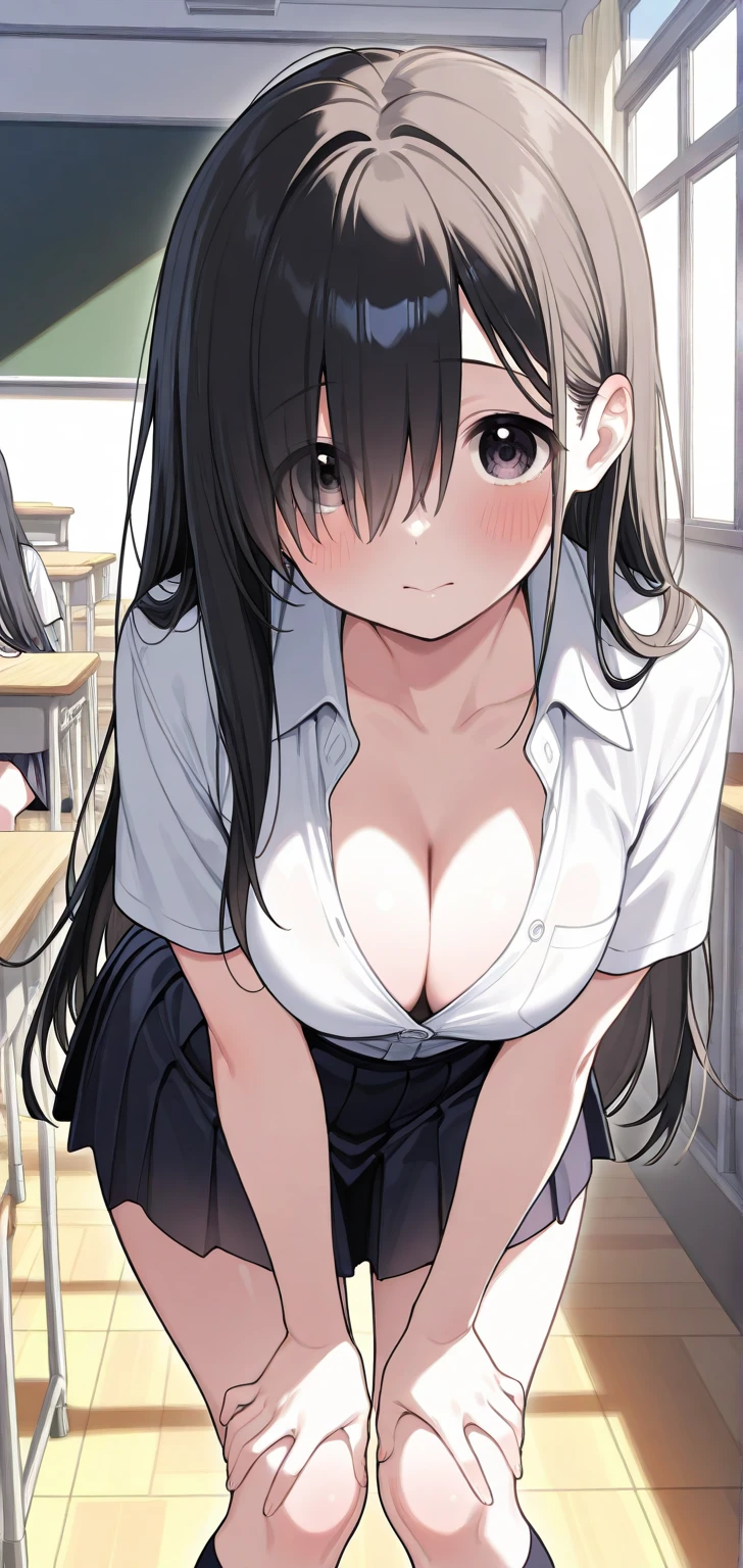 (best quality:1.1), (masterpiece:1.4), (absurdres:1.0), portrait, close up,
1girl, mikazuki yozora, small breasts, long hair, black hair, purple eyes, school uniform, looking at viewer, classroom, evil grin, (blush:1.2), crossed arms, nipples, (open shirt:1.2), from below, stepped on, 
<lora:Kizuki - Haganai Mikazuki Yozora:0.85>