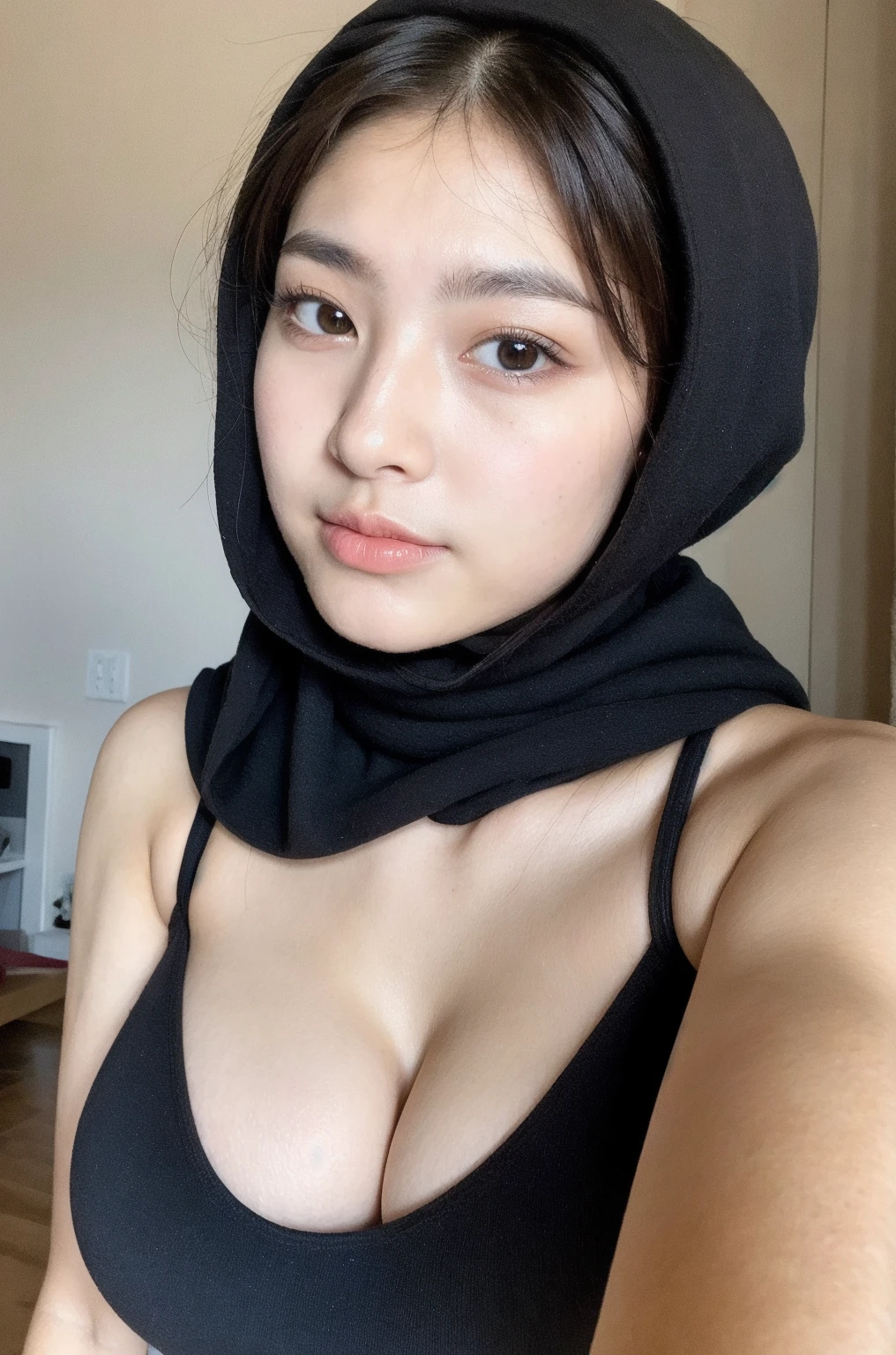 1 girl, Asian girl, beautiful girl, cute girl, ((smile)), slim, thin, tall, ((Indonesian girl)), ((beautiful Indonesian girl)), ((beautiful Indonesian hijab girl)), ((Indonesian hijab girl)), ((teen girl, 18 year old girls, young girls)), ((teenagers, young)), ((wearing black hijab, wearing black scarf, black hijab, black scarf)), ((Indonesian internet celebrity, indonesian instagram celebrity, indonesian tiktok celebrity)), ((ulzzang hijab girl, korean hijab girl, chinese hijab girl)). ((large breasts, big breasts, large , big boobs)), big breasts, large breasts, big , slim body, ((nude, naked)), (nude, naked), (nude), (naked), ((nude)), ((naked)). standing, ((standing)), relaxed posture, natural pose, facing forward, neutral expression, simple and elegant, ((half body, photo up to the waist)). ((indoor, bedroom)), Beautiful Face, firm abs, ((thin lips)), slim face, faceslender abs, double eyelid, Super thin face and eyes, Sexy, Pinkish white skin, sexy pose, beautiful skin. ultra-detailed face, detailed lips, Highly Detailed Face and Skin Texture, detailed eyes, beautiful detail eyes, (realistic skin), attractive, Ultra-fine face, Fine eyes. Beautiful Women with Perfect Figure: 1.4,  (nsfw:1.3), (sexually aroused:1.5), (perfect, figure: 1.1), Slim abs: 1.1, ((Big breasts :1.2)). For the image quality, please prioritize ((Best quality, 8k, Masterpiece: 1.3)), ((masterpiece)), ((best quality)), ((ultra-detailed)), sharp focus: 1.2, (highly detailed CG illustration), ultra high resolution: 1.3, Detailed Photo, (Best Quality: 1.4), (best quality, (masterpiece:1.5), 4k, 8k, highres, masterpiece:1.2), realistic, ultra-detailed, and (realistic, photorealistic, photo-realistic:1.3), ((the photo taken with a phone)). To enhance the visuals, add UHD, studio lighting, ultra-fine painting, sharp focus, physically-based rendering, extreme detail description, professional, natural colors, cool white light. 