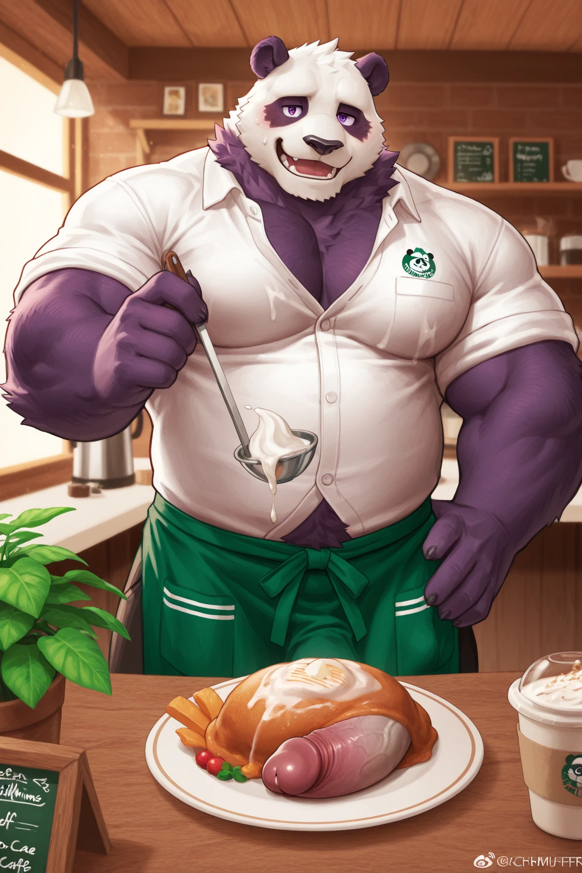 (Best quality: 1.0), (Super High Resolution: 1.0), (masterpiece, best quality:1.2), detailed, detailed hands, detailed eyes, score_9, score_8_up, score_7_up, furry, anthro, ((dragon)), ((solo)), grandpa, (about 70 years old), (manly), horns, handsome face, huge, bangs, white beard, beard above mouth, fluffly fur, nipples, looking pleasured, sexually, sexy pose, SFW, coffee shop, (apron), nude, bulge, flaccid, in heat, panting, sweat, sweaty, musk, (skinny, shy), hands touching, (looking at viewer, shy), blushes:0.3, close up view, (by bebebebebe, by syuro)