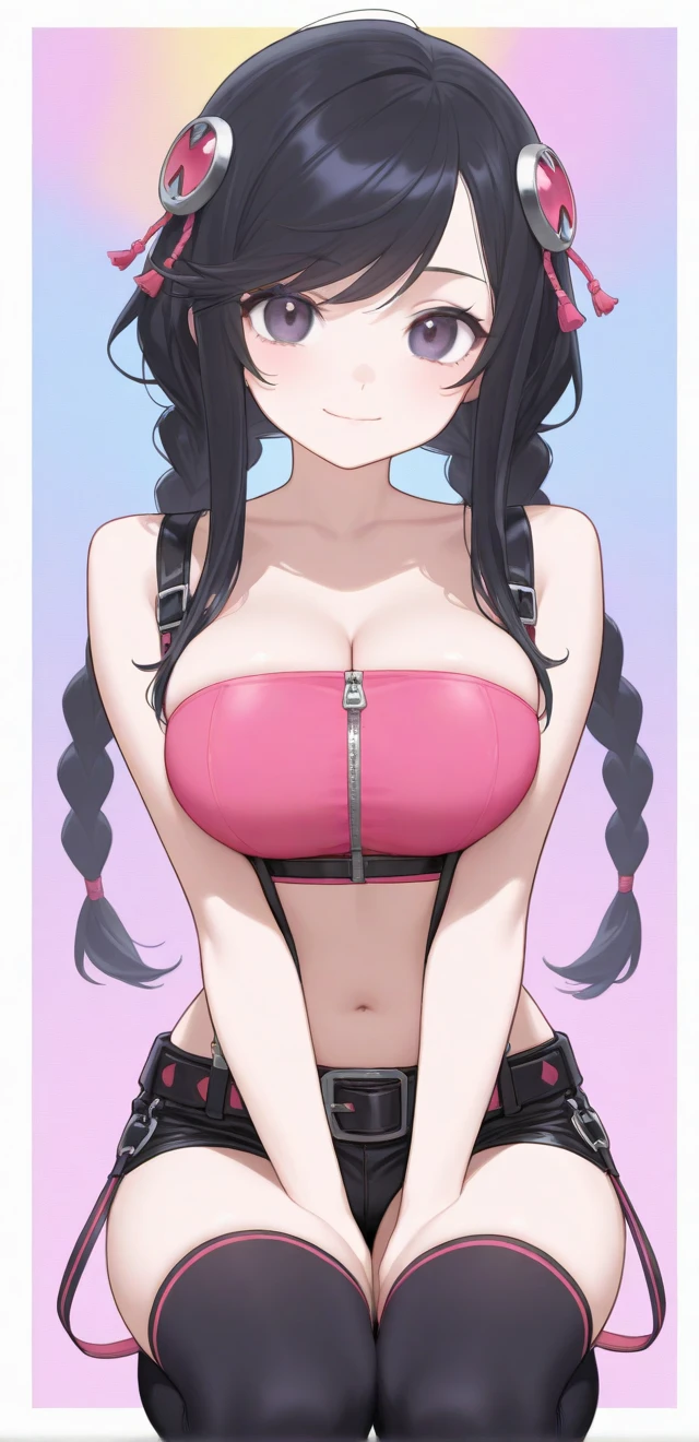 Colorful background ,Viewers dream,View from below,1girl,heart-shaped pupils,hands on tongue,black hair,blue eyelush:1.1),whole body trembling,sweat,sweatdrop,heart,(speed lines:1.1),medium breasts, ((heavy breathing:1.3)), love, heart, crop top, happy, smile, colorful dress, view from below,
