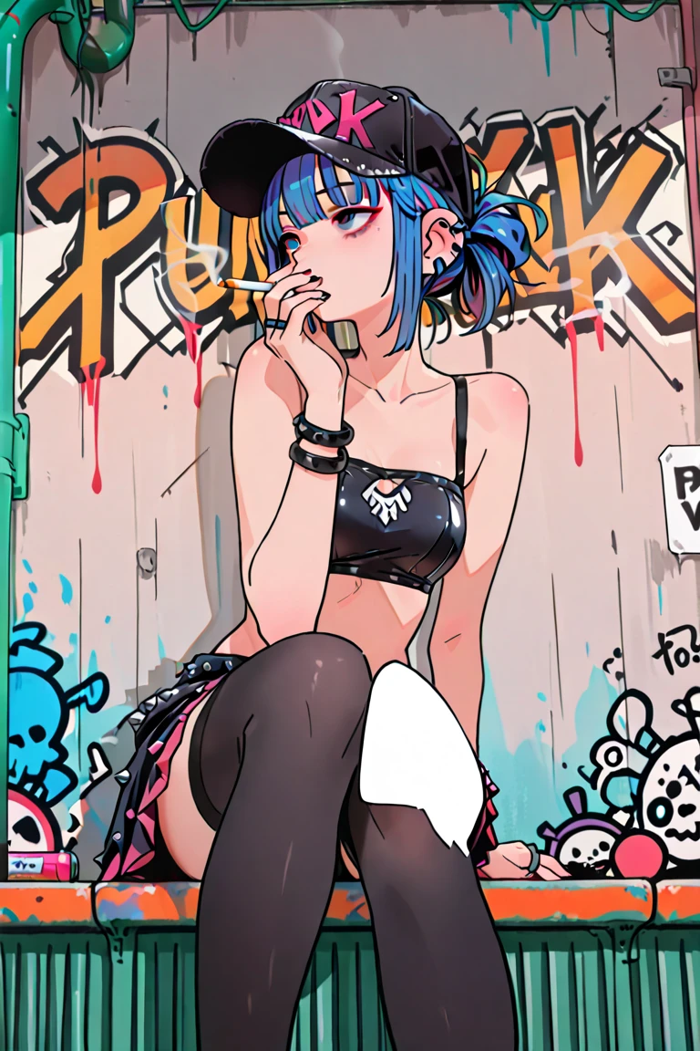 0zy Bulma with tattoos looking raunchy and chewing bubble gum with capsule corp logo on skimpy blouse