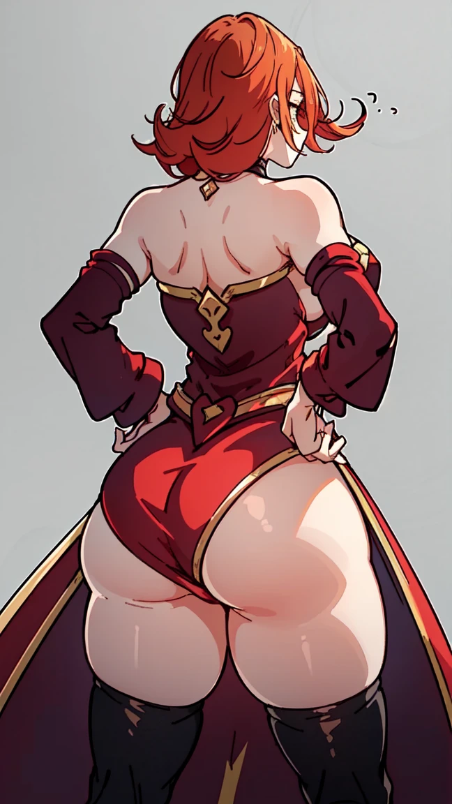 Two long thighs, yellow eyes, blonde hair, short hair, large breasts, detached sleeves, very white background, royal tiara, long cape, yellow tiger bikini, high heels, hands on hips. red tattoo on belly navel, full body female MILF BIMBO, lustful smirking smile face (red blush), metal shoulders, golden bracers sleeveless, black choker sex slave